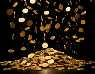 gold coins on a black background, rain of gold coin on black background, rich and financial concept background