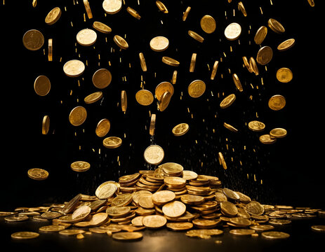 gold coins on a black background, rain of gold coin on black background, rich and financial concept background - Powered by Adobe
