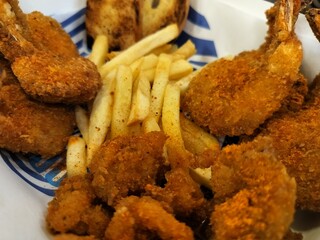 Prawn Nuggets with French Fries, Fast food delicious tasty snacks for quick meal.