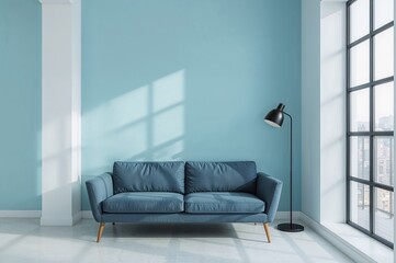 Minimalist Living Room with Blue Sofa and Sunlight