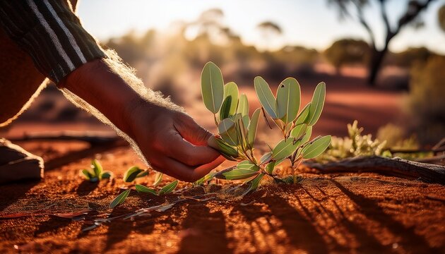Fototapeta close up hand picking leaves in australian outback aboriginal bush tucker theme