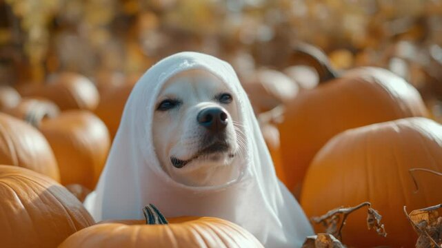 A friendly white dog wearing a white scarf surrounded by a field of pumpkins, great for fall or Halloween-themed images
