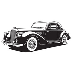 Fototapeta premium Classic vintage art silhouette of a stylish coupe car with whitewall tires in monochrome style