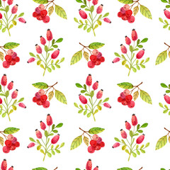 Seamless pattern with watercolor autumn leaves and berries on a white background. Hand drawn illustration for your design, print, textile