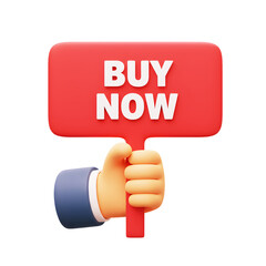 3D illustrator buy now sign held by hand icon on transparency background. for e-commerce, online shopping or marketing concept.
