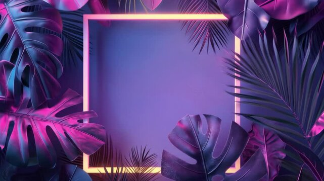 Neon glowing square frame with tropical leaves on dark background. Creative minimal exotic nature concept footage.