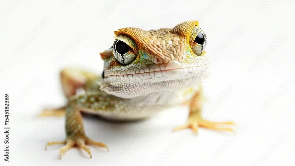 Poster a clear view of a small reptile's face and body on a light background