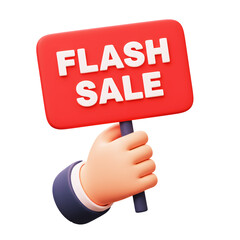 3D hand holding flash sale sign. 