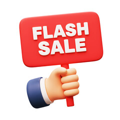 3D hand holding flash sale sign. 
