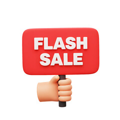 3D hand holding flash sale sign. 