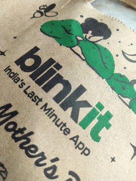 25th May 2025, Kolkata, India - Blinkit Indian Quick Commerce and Ecommerce Company Delivery Packet Display. Famous for quick grocery store products supply to Indian households. 