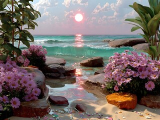 Sunset beach, floral rocks, ocean waves, calm