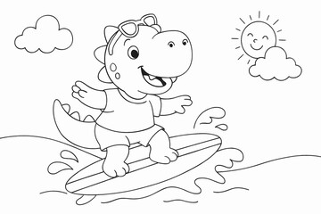 Cute cartoon dinosaur surfing at the beach with sunglasses and a happy face. Fun summer holiday coloring page for kids with waves, sun, and clouds