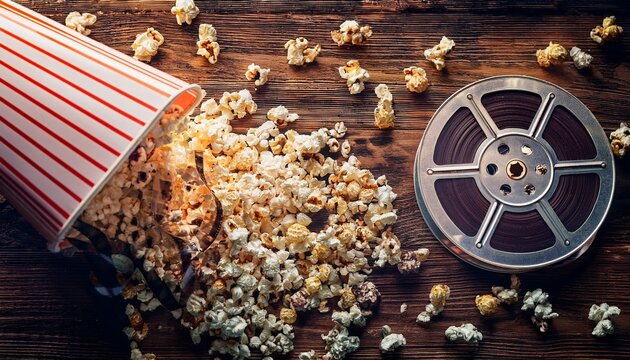 classic cinema atmosphere with vintage film reel and striped box of popcorn spilled on wooden surface