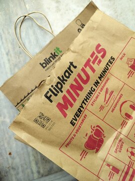 25th May 2025, Kolkata, India - Flipkart Minutes and Blinkit Indian Quick Commerce and Ecommerce Company Delivery Packets Display. Famous for quick grocery store products supply to Indian households.