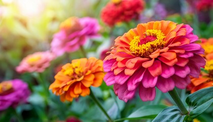 vibrant zinnias marigolds in full bloom showcase pink orange and yellow hues with striking centers a cheerful garden close up with soft blurred greenery background