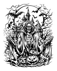 Dark and Spooky Hand-Drawn Halloween Scene with Castle and Pumpkins