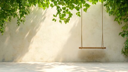 A Wooden Swing In A Sunny Backyard Garden At Daytime