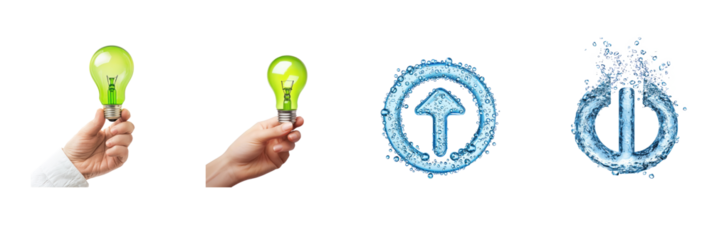 Collection of person holding a glowing green light bulb symbolizing clean energy. full length isolate on transparent background