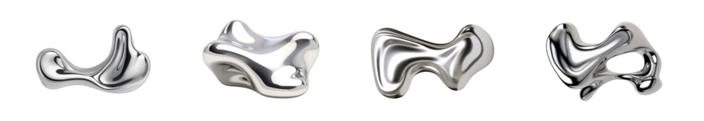 Abstract 3D Metallic Fluid Shapes with Mercury-Like Chrome Surface &ndash; Liquid Silver Forms with Smooth Curves and Reflective Texture &ndash; Futuristic Sculptures