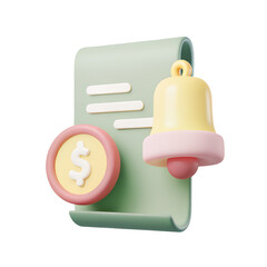 3D icon representing a payment reminder, featuring a bill or invoice with a notification symbol. Ideal for finance apps, billing systems, or digital wallets. Clean, modern, and user-friendly design.