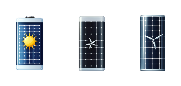 Collectiion of battery icon with a solar energy symbol showing renewable energy storage. full length isolate on transparent background