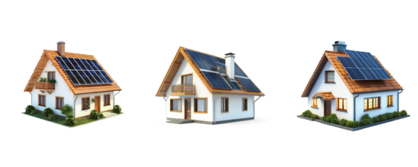 Collection of house with solar panels on the roof using green energy. full length isolate on transparent background