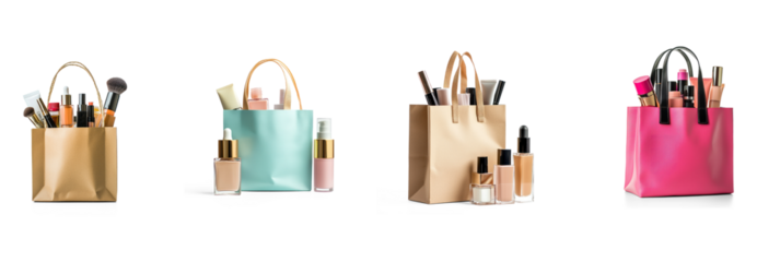 Collection of Shopping Bag with Cosmetics Beauty products like skincare or makeup visible. full length isolate on transparent background