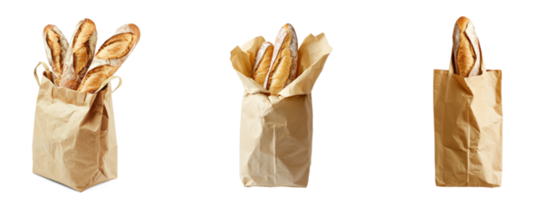 Collection of Shopping Bag with Fresh Bread A baguette sticking out for a classic market look. full length isolate on transparent background