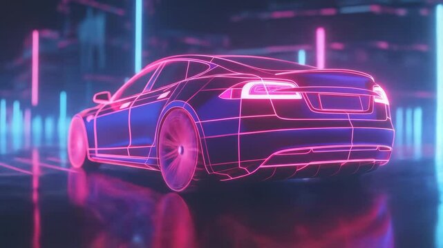 Futuristic car with glowing pink wireframe driving in a digital cyber city. Electric vehicle concept animation for technology footage.