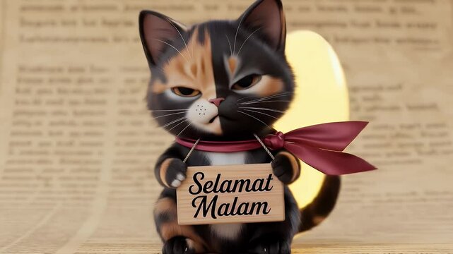 Adorable Tricolor Kitten Holding Selamat Malam Sign with Red Ribbon in High Angle Studio Setting on Blurred Newspaper Backdrop