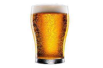 Cold sparkling beer in a pint glass with frothy head on black backdrop