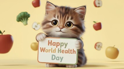 Adorable Tabby Kitten Holding Happy World Health Day Sign Surrounded By Stylized Fruits and Vegetables on Soft Yellow Background