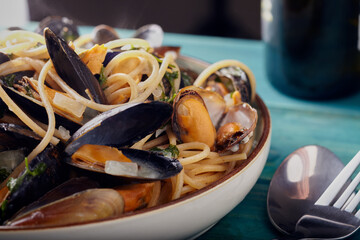 Scottish mussels with pasta in a garlic butter and white wine sauce.