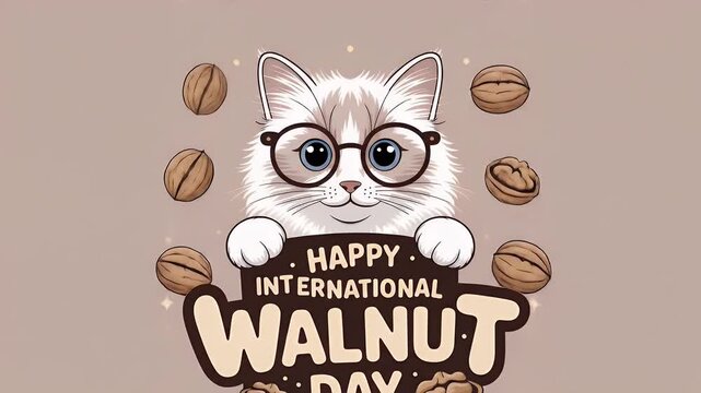 Cute Pixel Art Cat Celebrating International Walnut Day with Festive Sign and Animated Walnuts Pixelated Background