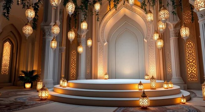 Elegant arabian interior decorated with glowing lanterns for festive events or celebrations