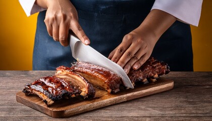 chef slicing smoked bbq ribs on wooden cutting board