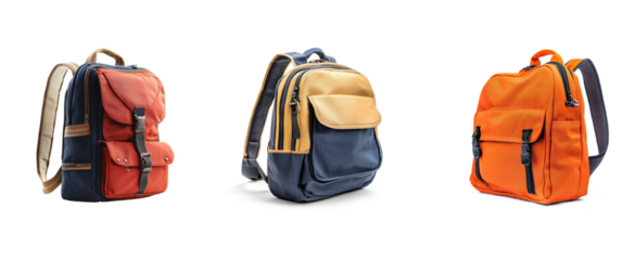 Collection of Front View Standing Upright A schoolbag standing upright with its front side visible. full length isolate on transparent background