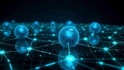 Futuristic Network Technology Abstract Background showing interconnected glowing spheres representing global data network and digital connections - Powered by Adobe