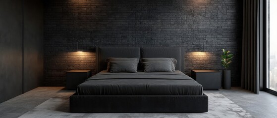 industrial chic interior design with vintage furniture and aesthetics. Industrial bedroom with dark gray exposed brick, minimalist furniture, and soft warm lighting