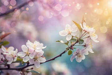 Delicate spring blossoms on a branch with soft bokeh background