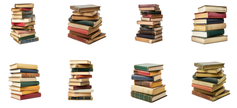 Collection of Books Messy Pile Books stacked in a casual or scattered way. full length isolate on transparent background