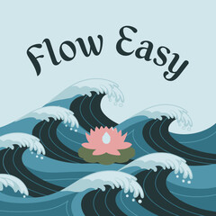 Serene Pink Lotus Flower Floating on Calm Ocean Waves Peaceful Blue Water Abstract Nature Design Illustration Graphic Art Digital Artwork Background Image Tranquil Scene zen spa yoga soft card style  