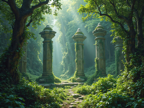 "Overgrown ancient ruins deep in a vibrant fantasy jungle, glowing green vines wrapping around stone pillars, lost temples partially buried in nature, soft god rays filtering through tall exotic trees