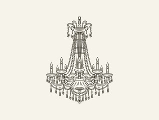 Elegant Black and White Engraving of a Crystal Chandelier