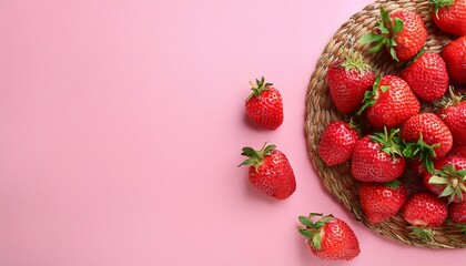 tasty strawberries on pink background flat lay space for text