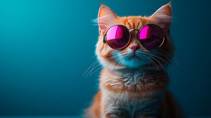 Stylish orange cat wearing pink sunglasses poses confidently against a blue background, showcasing humor, personality, and modern pet fashion.
