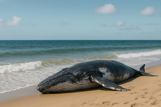 A large blue whale stranded on the shoreline lies unconscious.