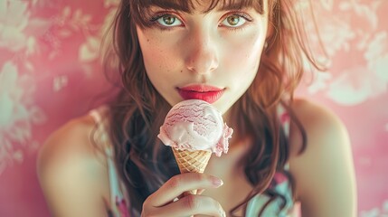 beautifyl girl eating delicious ice cream in summer