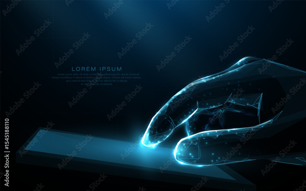 Aufkleber a male hand touching a tablet. from lines and triangles, a pointy, starry connecting network on a bl